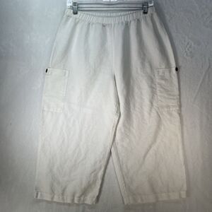 Hot Cotton White Linen-Blend Crop Pants Cargo Women Sz Medium Lagenlook Minimal